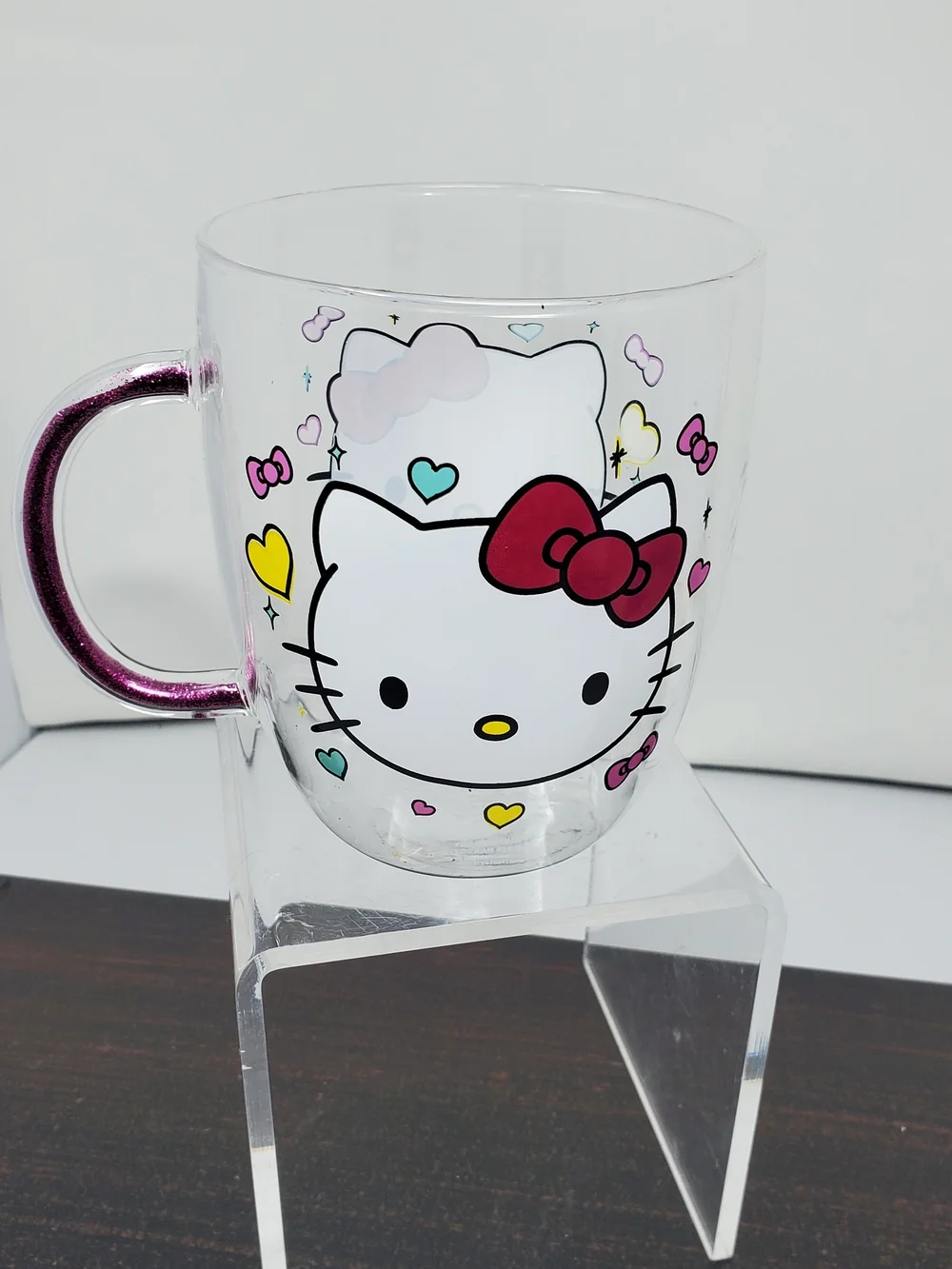 Hello Kitty Clear Mug with Pink Glitter Handle and Red Bow
